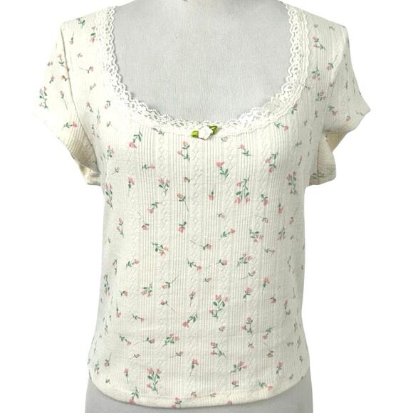 Wild Fable Women Top T-shirt Pointelle Coquette Feminine Rosette Cream Medium - Picture 1 of 8